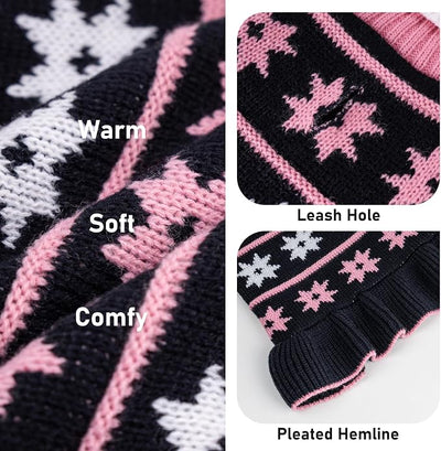 KYEESE Dog Sweater for Small Dogs Warm Pet Coats Fall Winter Dogs Clothes for Girl Dog Sweater Dress with Leash Hole Knit Pullover Turtleneck Pet Sweater with Snow Flake Pattern, Girl Navyblue, Large