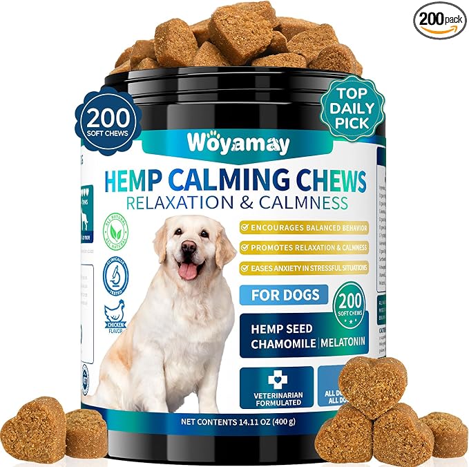 Woyamay Hemp Calming Chews for Dogs, 200 Treats Dog Calming Chews for Anxiety & Stress Relief, Anxiety Relief Treats for Dogs with Hemp Oil, Melatonin Dog Calm Treats for Stress|Sleep|Separation