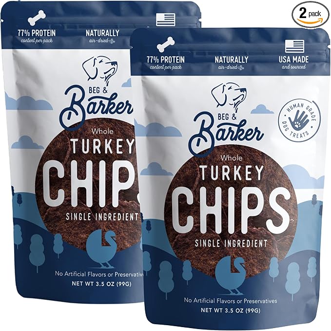 Beg & Barker Turkey Chips for Dogs (3.5 Ounce, Pack of 2) - Single Ingredient Dog Treats for Large & Small Dogs Protein Human Grade Dog Treats Made from Real Meat Turkey, Made in USA