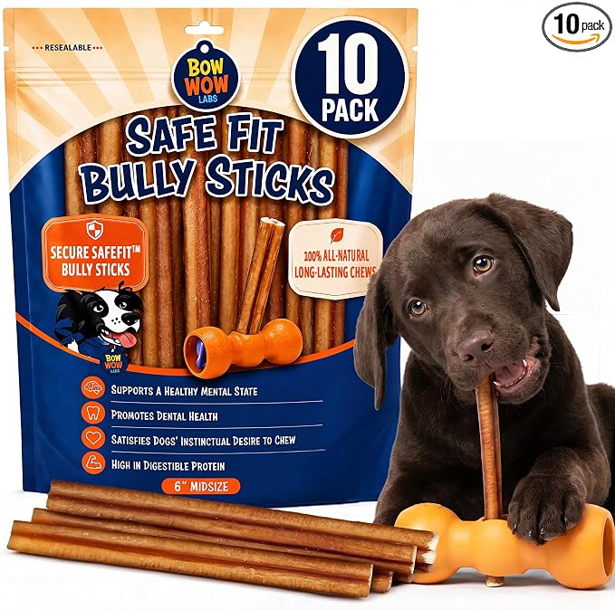 Bow Wow Labs SafeFit™ Bully Sticks for Dogs - 100% All Natural Beef Sticks, Grass-Fed, Low Odor, Long Lasting Dog Chews, Dog Chew Treats, Bully Stick for Small, Medium, Large Dogs - 6" Midsize 10 Pack