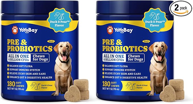 Probiotics for Dogs - Dog Probiotics for Digestive Health, Yeast, Itchy Skin, Gut Health, Immune & Skin - 6 Billion CFUs, Duck & Pear Flavor - with Prebiotics & Digestive Enzymes, 2 Pack