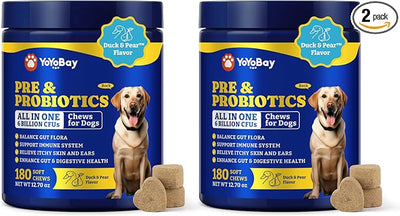 Probiotics for Dogs - Dog Probiotics for Digestive Health, Yeast, Itchy Skin, Gut Health, Immune & Skin - 6 Billion CFUs, Duck & Pear Flavor - with Prebiotics & Digestive Enzymes, 2 Pack