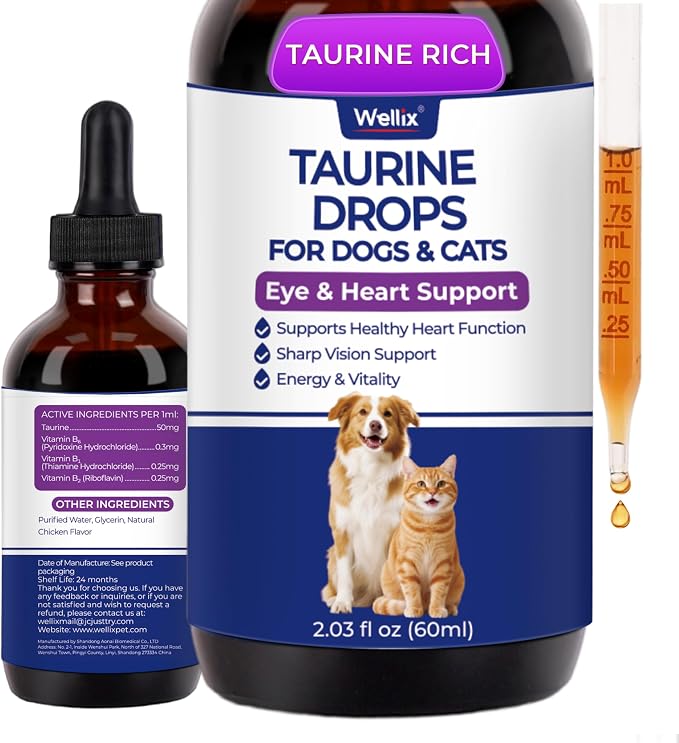 Wellix Liquid Taurine Drops for Dogs & Cats, Supports Heart & Vision 2oz | Cardiac Wellness for Senior Dogs & Cats, Taurine Supplement, with Vitamins for Immune Support, Precise Dosage Control