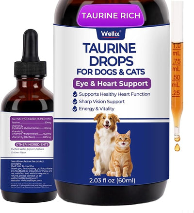 Wellix Liquid Taurine Drops for Dogs & Cats, Supports Heart & Vision 2oz | Cardiac Wellness for Senior Dogs & Cats, Taurine Supplement, with Vitamins for Immune Support, Precise Dosage Control