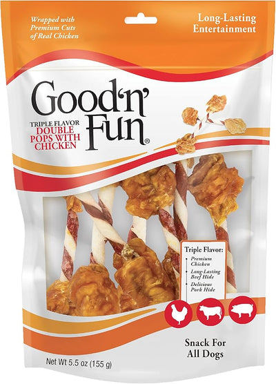Good ‘n’ Fun Triple Flavor Double Pops with Chicken Chews for All Dogs, 5.5 Ounces, Treat Your Dog to Chews Made with Real Chicken, Beef Hide and Pork Hide