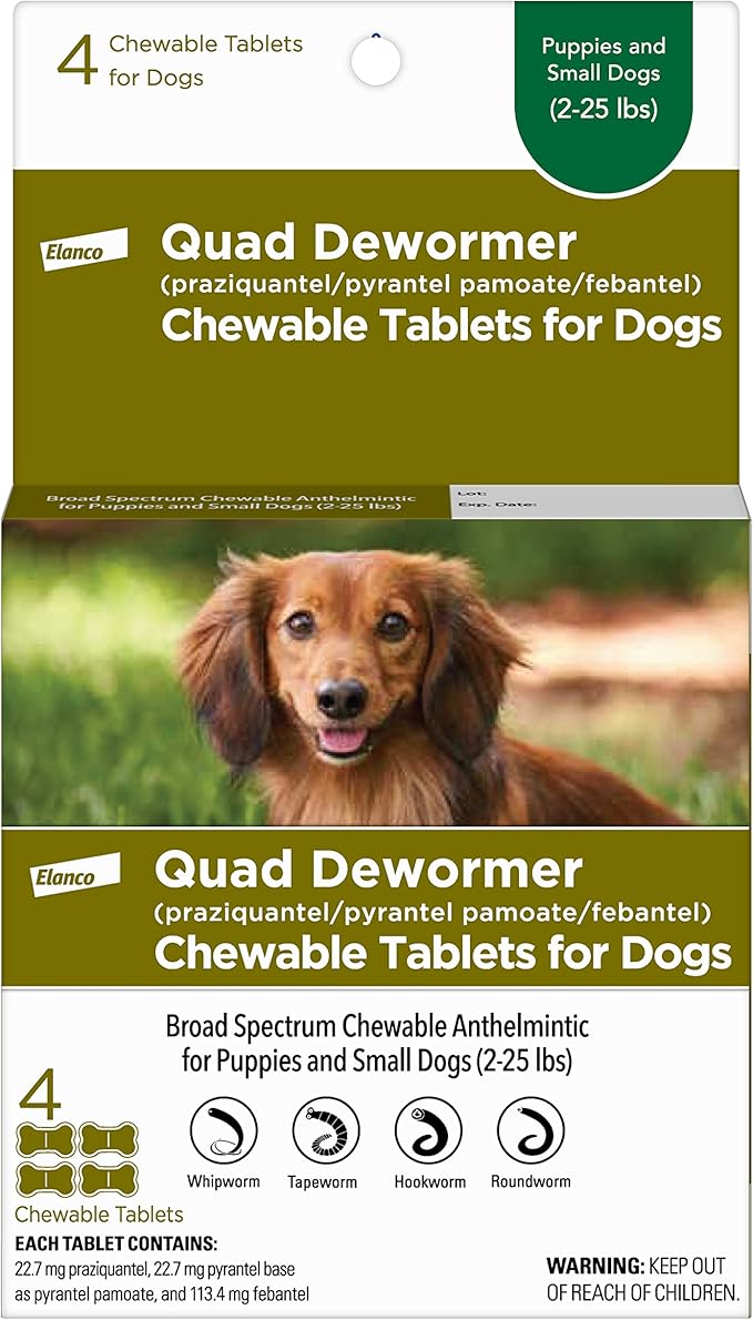 Elanco Chewable Quad Dewormer for Small Dogs, 2-25 lbs, 4 Chewable Tablets, White