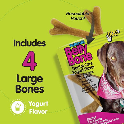 Fido Belly Bones for Dogs, Large - 4 Count - Yogurt-Flavor Dental Treats for Large Dogs - Plaque & Tartar Control for Fresh Breath - Digestive Support - Made in USA