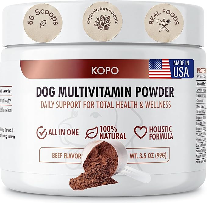 Kopo Dog Multivitamin Powder | Supports Heart, Daily Vitality, Immune Health, Digestion, Skin & Coat and Hip & Joint | for Puppy, Adult & Senior Dogs | Beef Liver Flavor | All Breeds Sizes