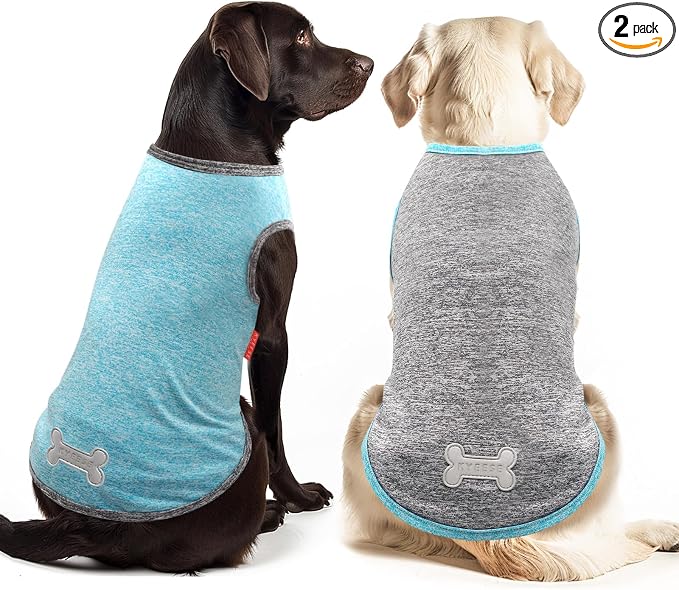 KYEESE 2 Pack Dog Shirts Quick Dry Soft Stretchy Sun Protection Pet T-Shirts with Reflective Label Tank Top Sleeveless Vest Dog Clothes for Medium Large Dogs, XX-Large, Grey+Blue