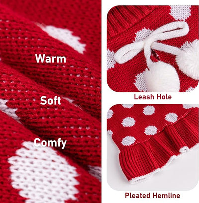 KYEESE Red Dog Sweaters Dress with Leash Hole Polka Dot for Girl Dog Sweater Knit Warm Doggie Sweaters with Pom Pom Ball for Fall Winter