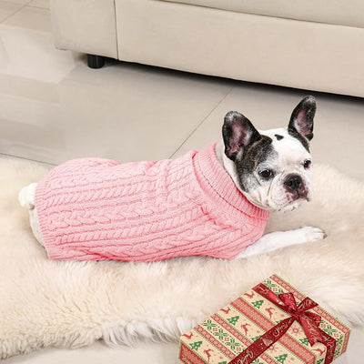 Dog Sweater 2 Pack for Medium Dogs, Size L, Pink & Red | Stretchy cable knit turtleneck, machine washable, high belly cut, comfy winter fit for French Bulldog, Corgi
