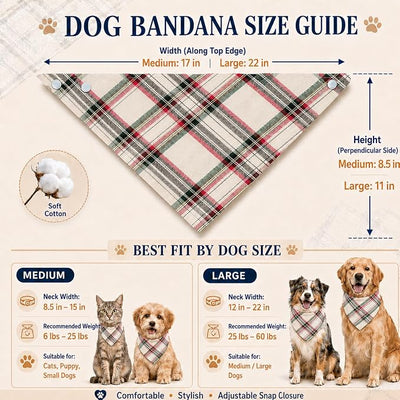 Plaid Dog Bandana with Button, Red Green White Plaid Kerchief Triangle Dog Bandana Girls and Boys Kerchief Adjustable Accessories for Medium Large Dog Puppy Pet Cat,Large