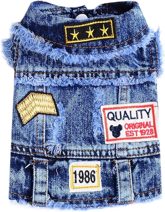 Cool Dog Jean Jacket Small Puppy Outfits Frenchie Clothes Denim Coats for Small Medium Dogs Cats Boys Girls Pet Vest Dog Shirt Clothing Doggy Costume (Blue Print, L（Suggest 9-12 lbs）)
