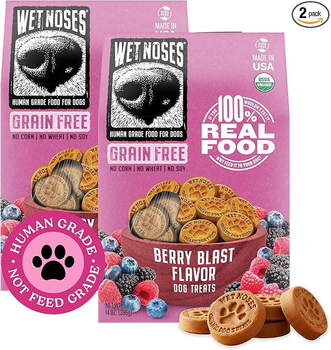 Wet Noses Organic Crunchy Dog Treats Grain Free – All-Natural, Human-Grade, Non-GMO, Healthy Training & Delicious Snacks for Dogs, for All Dog Sizes & Breeds – Berry Blast, 14oz (2 Pack)