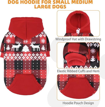 KOOLTAIL Christmas Dog Hoodie,Red Plaid Pet Clothes Sweater with Leash Hole&Pocket for Small Medium Large Dogs, Soft Winter Warm Dog Cold Weather Coat, Fleece Puppy Hooded Sweatshirt for Boys Girls,XL