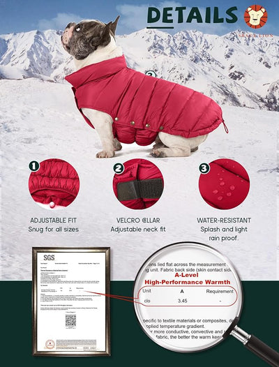 SPACE LION Dog Puffer Jacket, Down Winter Coat, Durable Outdoor Coat for Cold and Windy Conditions, Lightweight & Adjustable Fit Coats for Medium & Large Dogs,(Chili, Size18/L+)