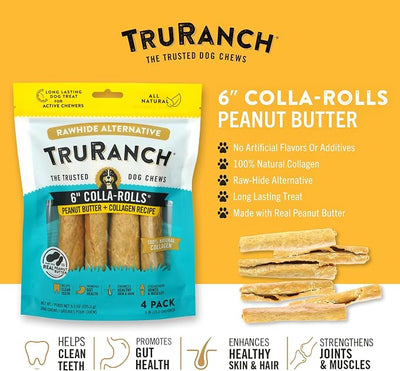 TRURANCH Collagen Rolls - 6" Collagen Rolls for Dogs - Long Lasting Healthy Joint Support - Rawhide Alternative - Skin & Coat Health - Made with Real Peanut Butter, Value Pack, 15 Bags, 60 Count