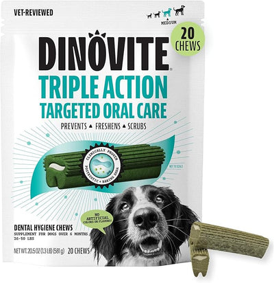 Dinovite Dental Chews for Dogs, Triple Action Dental Dog Treats for Medium Breeds, Clinically Proven to Prevent Plaque & Tartar While Freshening Breath, Fresh Mint Flavor, Made in USA, 20 Count