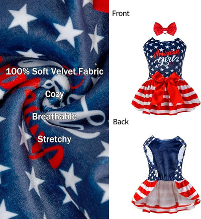 CuteBone Dog Dresses Velvet 4th of July Small Dogs Clothes Onesie Pet Apparel Girl Puppy Skirt with Bow Hair Rope