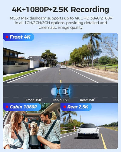 AZDOME M550 Max 4K 3 Channel Dash Cam, Dual STARVIS 2 Sensors, 4K+2.5K+1080P Front and Rear Inside Triple Car Camera, Built-in WiFi GPS, 64GB Card Included, IR Night Vision, Ride Share Accessories