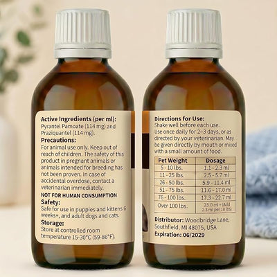 7-Way Dewormer Liquid for Dogs & Cats (Pyrantel Pamoate/Praziquantel), Digestive Health & Vitality Support, 3.38 fl oz