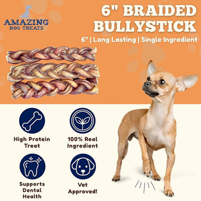 Amazing Dog Treats 6" Braided Bully Stick (5 Pcs/Pack) Bully Stick for Dogs - Made from Premium Grass Fed Beef