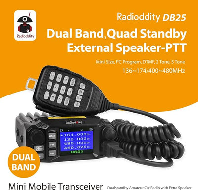 Radioddity DB25 Pro Dual Band Quad-Standby Mini Mobile Car Truck Radio, 4 Color Display, 25W Vehicle Transceiver with Cable + High Gain Quad Band Antenna
