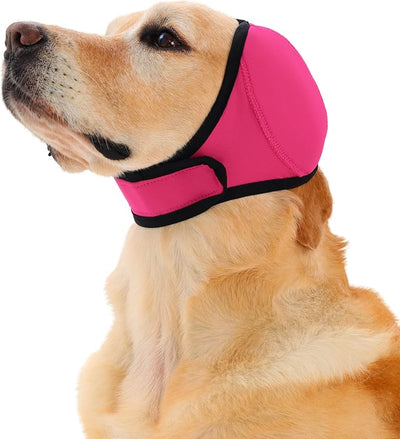 Meifsou Dog Head Wrap - Quiet Ears for Anxiety, Waterproof Dog Calming Hood, No Shake Ear Cover Snoods for Thunder, Lightning, Fireworks, Vet Visits, Polyester and SBR Diving Fabric, Rose, Large