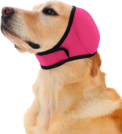 Meifsou Dog Head Wrap - Quiet Ears for Anxiety, Waterproof Dog Calming Hood, No Shake Ear Cover Snoods for Thunder, Lightning, Fireworks, Vet Visits, Polyester and SBR Diving Fabric, Rose, Medium