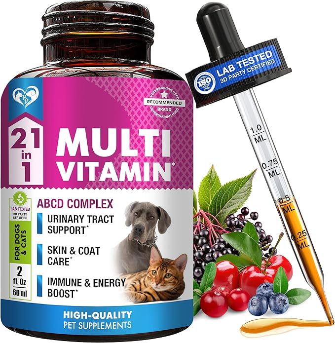Cat & Dog Multivitamin Liquid with Glucosamine & Cranberry | 21 in 1 Health Supplements for Urinary Tract Kidney, Bladder, Hip & Joint, Skin & Coat | Natural UTI Medicine (60 ml)