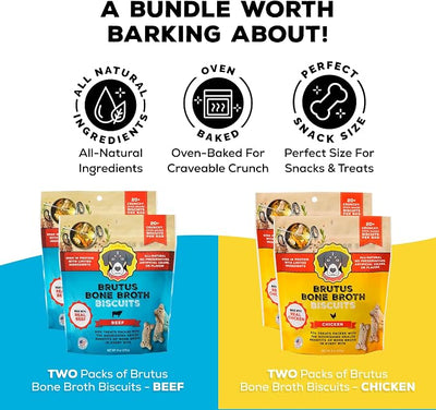 Brutus Bone Broth Biscuits Bundle Pack - Chicken and Beef Healthy Dog Treats, Pack of 4 (8oz) - All Natural, Tasty & Nutritious