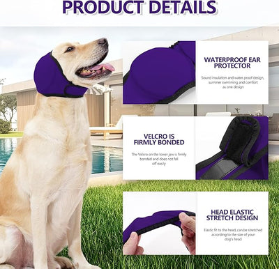 JOHNBOLIN Dog Ear Muffs & No Shake Ear Wrap for Hematoma, Bathing, Drying & Noise Anxiety Relief - Elastic Waterproof Ear Protector with Calming Hoodie Design for Grooming (Purple, L)