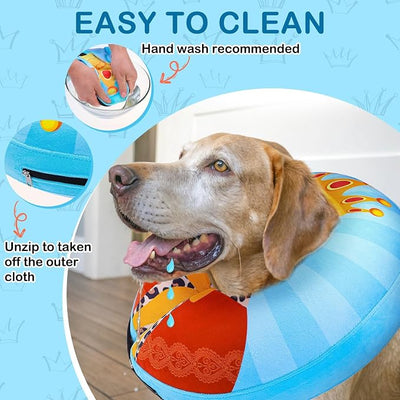SCENEREAL Dog Cone Alternative After Surgery Donut Collar, Soft Pet Recovery Pillow Collar for Medium Large Dogs, Inflatable Adjustable Neck Collars to Prevent Licking, King Print E-Collars L