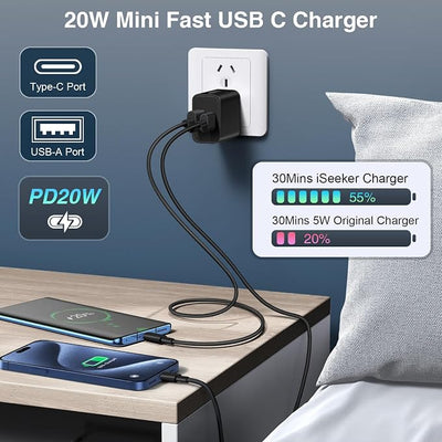 USB C Wall/Car Charger,38W Dual USB-C+USB-A Cigarette Lighter Adapter, 20W Fast Charging Block+2 X 6FT Type-C Cables for iPhone 16,16e,15,Samsung S25, S24 Ultra Pixel Cargador para Carro Plug