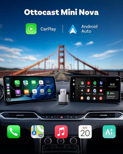 OTTOCAST Mini Nova, 2 in 1 Wireless Carplay & Android Auto Adapter, Plug & Play 2026 Upgraded with AI Assistance (Claude, Gemini, ChatGPT)
