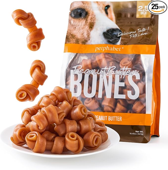 PETPHABET Dog Treats Peanut Butter Bones, 2.5 inch Rawhide Free Chews 25 Count, Digestible Chewing Snacks for Small Puppy Dogs, Natural Healthy Snacks for Training Rewards, 18.5 oz