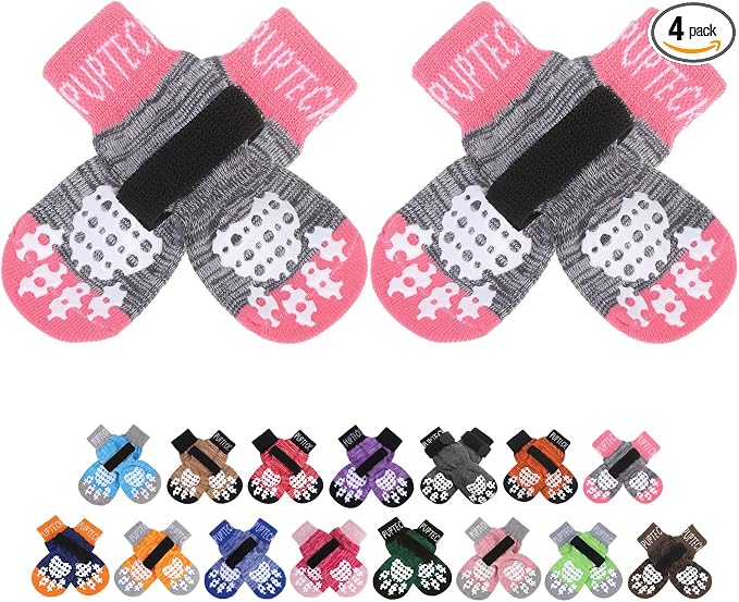 PUPTECK Anti-Slip Dog Socks with Double Sides Grips for Small Medium Large Dogs Hardwood Floors Prevents Licking, Dog Shoes for Hot Pavement Traction Control for Senior Dogs, Grey&Pink M