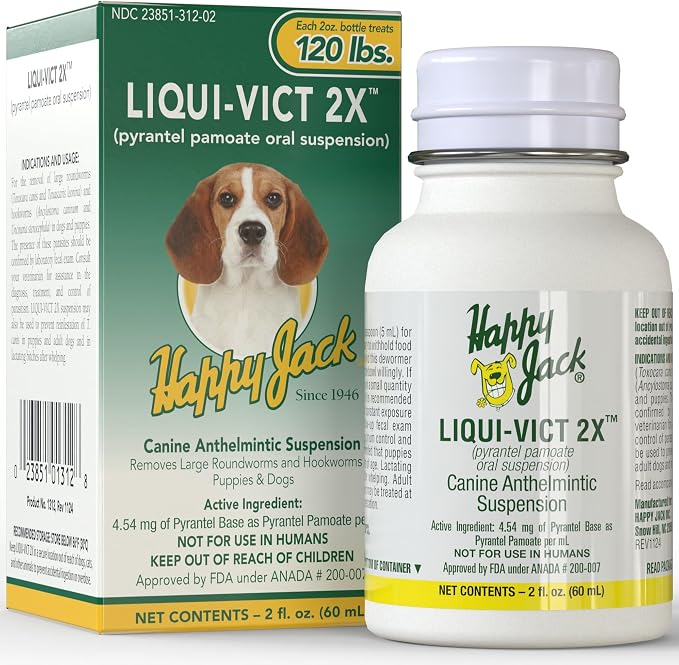 HAPPY JACK Liqui-Vict 2X Liquid Dog Dewormer, Butterscotch, 2 oz | Removes Roundworms & Hookworms, For Large, Medium & Small Breeds