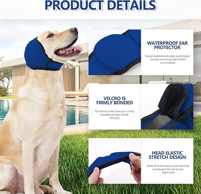 JOHNBOLIN Dog Ear Muffs & No Shake Ear Wrap for Hematoma, Bathing, Drying & Noise Anxiety Relief - Elastic Waterproof Ear Protector with Calming Hoodie Design for Grooming (Blue, L)