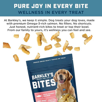 Barkley’s Bag Salmon Bites, Freeze Dried Dog Treats and Food Topper, Made with Wild-Caught Salmon, Bite-Sized Whole Pieces for Training Rewards, for All Dog Breeds, Ages & Sizes, 4 Oz Bag (3 Pack)