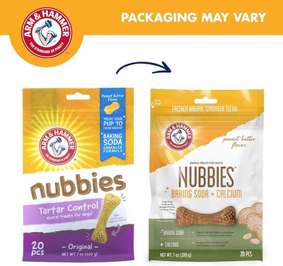 Arm & Hammer for Pets Nubbies Dental Treats Baking Soda Calcium Nubbed Texture Scrubs Plaque Tartar Peanut Butter Flavor Freshens Breath Daily Oral Care 20 Count 7 OZ Single Bag Home Dental Care