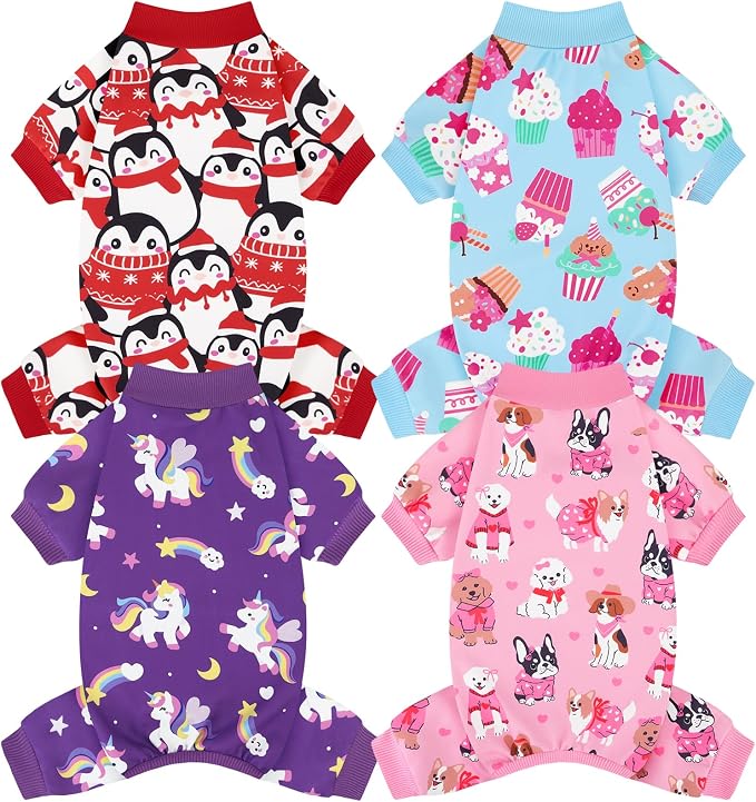 XPUDAC 4 Pack Dog Pajamas Cute Soft Dog Clothes for Small Medium Dogs Boy Girl Stretchy Pjs Jammies Outfit Puppy Onesies, X-Small