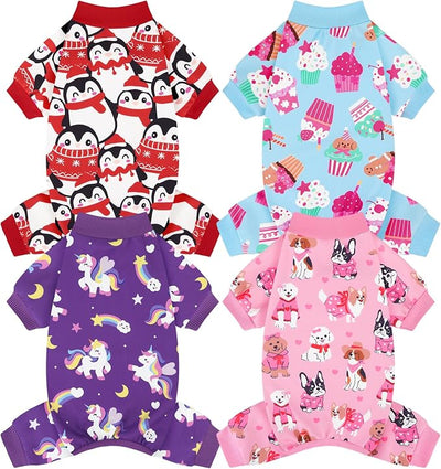XPUDAC 4 Pack Dog Pajamas Cute Soft Dog Clothes for Small Medium Dogs Boy Girl Stretchy Pjs Jammies Outfit Puppy Onesies, Large