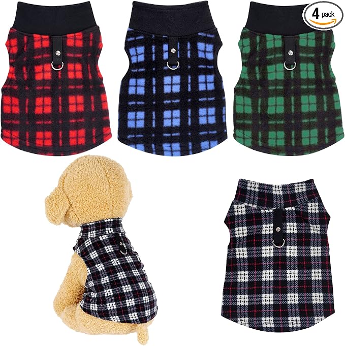 Rbenxia 4 Pieces Buffalo Plaid Dog Sweaters with Leash Ring Soft Fleece Vest Dog Pullover Warm Jacket Pet Dog Clothes Winter Dogs Outfits for Small Puppy Cat Pets (XX-Large)