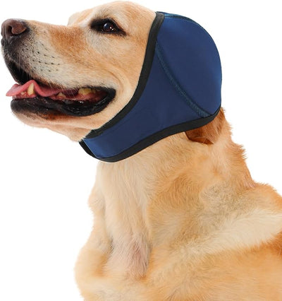 Meifsou Dog Head Wrap - Quiet Ears for Anxiety, Waterproof Dog Calming Hood, No Shake Ear Cover Snoods for Thunder, Lightning, Fireworks, Vet Visits, Polyester and SBR Diving Fabric, Navy Blue, Large