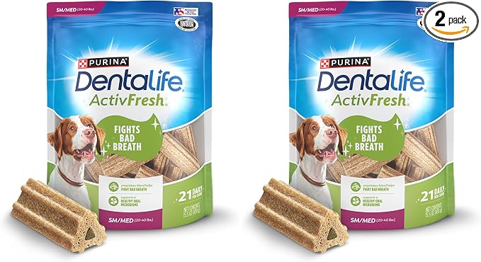 Dentalife ActivFresh Dog Chews for Small and Medium Dogs 20-40 lbs., Dental to Freshen Breath, Chicken Flavor, 15.5 oz., 21-21 ct. Pouch (Pack of 2)