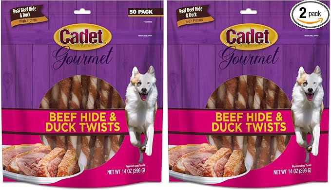 Cadet Gourmet Twists Sticks- Long Lasting & Natural Dog Treats for Large & Small Dogs Beef Hide & Duck - Inspected & Tested in USA (50 Count) (Pack of 2)