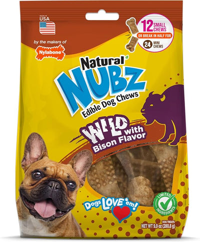 Nylabone Nubz Wild Natural Dog Chew Treats for Small Dogs, Long Lasting Dog Chew Bones Made in USA, Bison Flavor, Small Dog Bones for Dogs Up to 25 lbs. (12 Count)