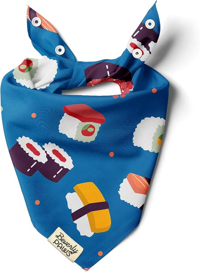 Snap-On Dog Bandana for Small Medium Large Pets, Dogs Cats Adjustable Handkerchief Scarf for Girl & Boy, Funny Cute Puppy Apparel & Accessories (Blue Sushi, Medium)