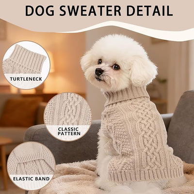 Dog Sweaters Small Dog Clothes Winter Turtleneck Puppy Sweater Warm Pet Cat Sweater Doggy Pullover Outfit with Twisted Design XS~XL (Beige, X-Large)